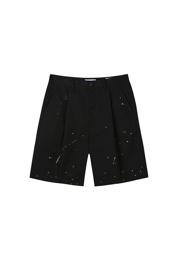# Row Painting Pleated Wide Shorts_ Black