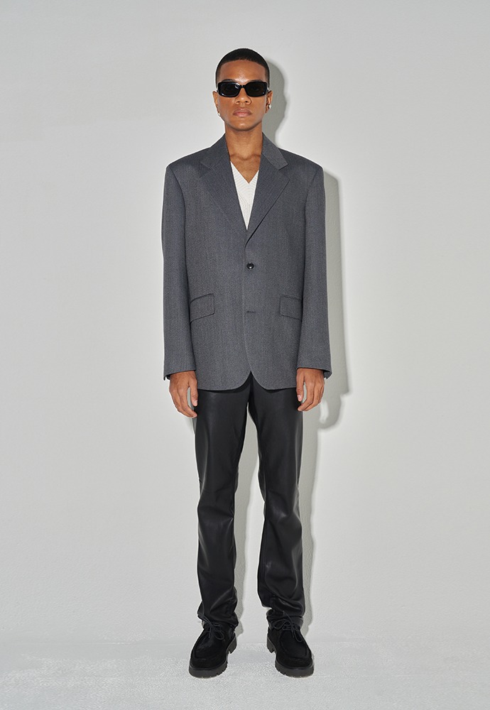 Relaxed Fit Tailored Blazer_ Mid-Grey Herringbone