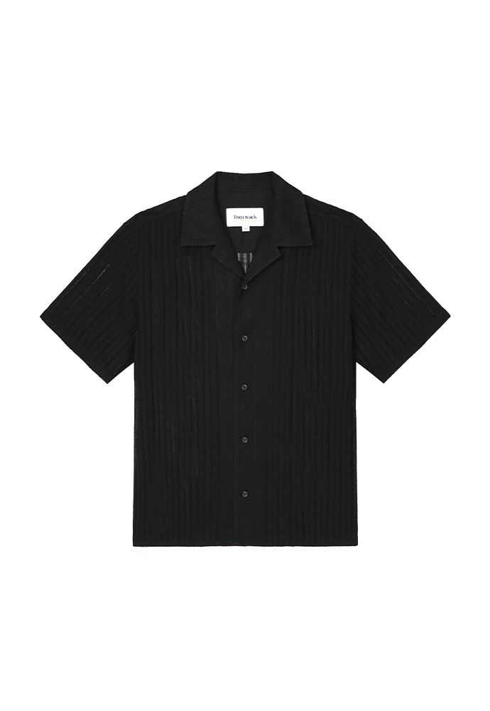 Crochet Camp Collar Half Sleeve Shirt_ Black