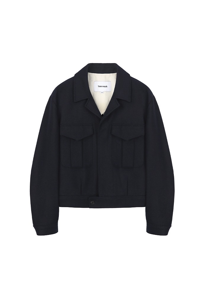 # Wool-blend Military Cropped Jacket_ Navy