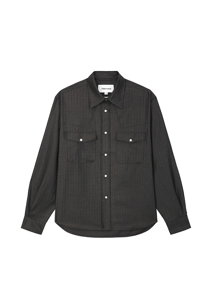 Worsted Wool Western Shirt (Fabric Made In Italy)_ D.Brown Pinstripe