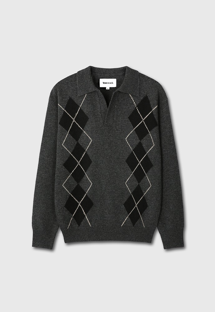Wool and Cashmere Argyle Knitted Sweater_ Dark Grey