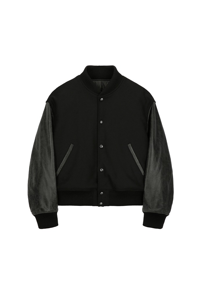 Distressed Leather Varsity Jacket_ Black