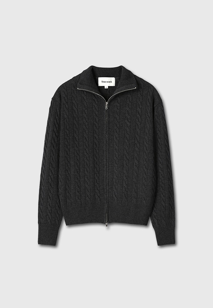 Super Fine Wool Cable Knit Zip-up_ Dark Grey