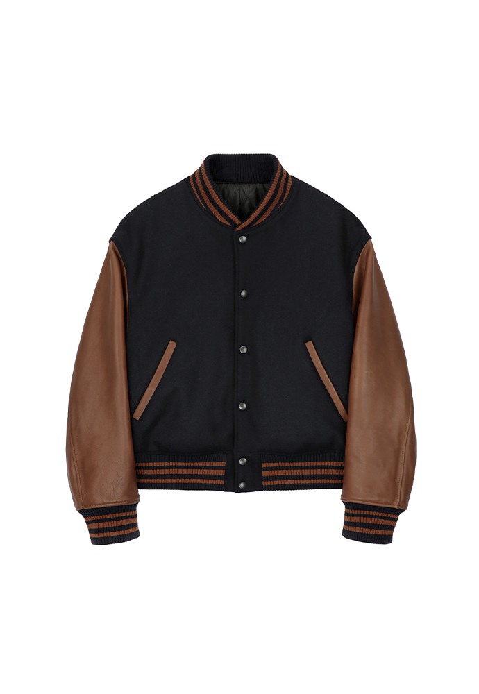 Grain Leather Varsity Jacket_ Navy / Amber Brown