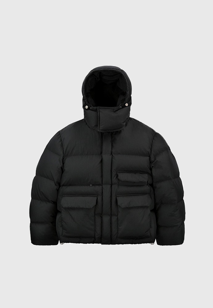 Technical Shell Short Puffer Down Jacket  (Detachable Hood)_ Black