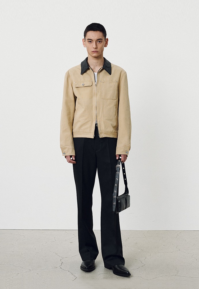 Leather Collar Garment-Washed Rivet Work Jacket_ Faded Beige