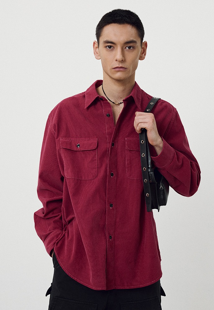 Garment-Dyed Corduroy Officer Shirt_ Red