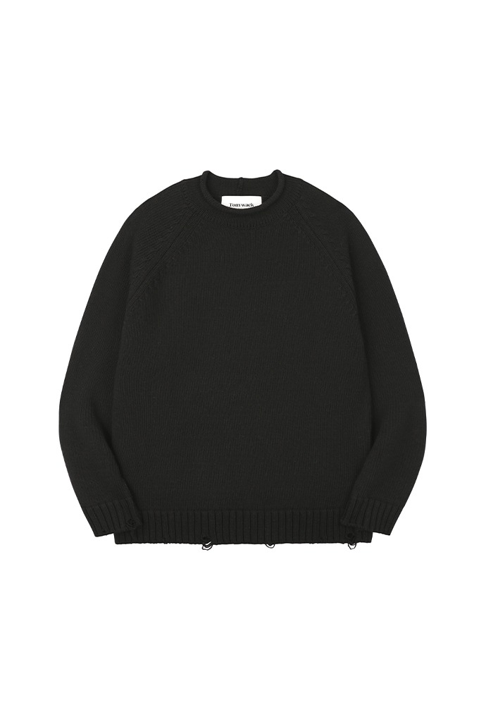 Raglan Rollneck Distressed Sweater_ Black